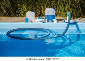 Pool maintenance supplies including a blue hose, brush, chlorine tablets, and chemical containers arranged beside a clean outdoor swimming pool.